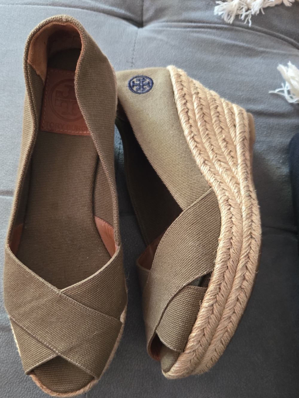 Tory Burch Olive Canvas Espadrille Platform Wedges with Jute